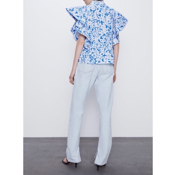 ZARA Printed Poplin Top Blue White S - Picture 8 of 11
